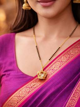 Digital Dress Room - Crown Ad Pendant Short Mangalsutra with Black Beads and Gold-Plated Chain