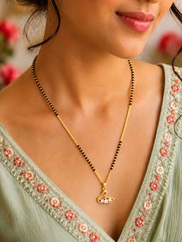 Digital Dress Room - Swan Pendant Short Mangalsutra with Ad Stones, Black Beads Chain and Gold Plated