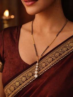 Digital Dress Room - Short Mangalsutra With Black Beads, Gold Chain And 3 Diamond Drop Pendant