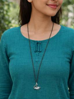 Digital Dress Room - Long Mangalsutra with Silver Swan Pendant, Ad Stones and Black Bead Chain