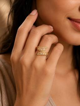 ABHUSHANAM - Gold-Tone Crystal Leaf Wrap Ring for Women (55868)