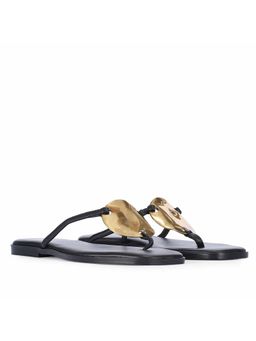 Saint G - Women Golden Disc Black Leather Flats