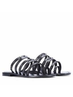Saint G - Women Metal Studded Multi-Strap Leather Black Flats