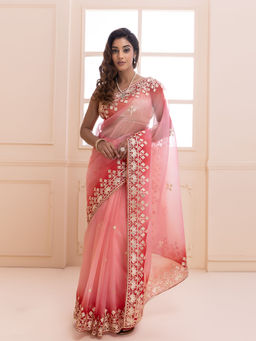 Geroo Jaipur - Shaded Handcrafted Gota Patti Organza Saree with Unstitched Blouse