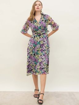 Styli - Women Black Floral Shirt Collar A-Line Midi Dress with Belt (Set of 2)