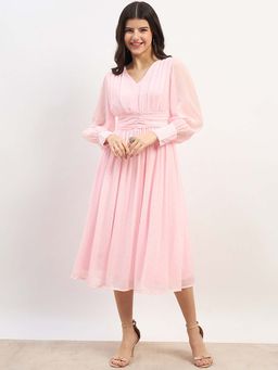 Styli - Women Pink Foil V-Neck Evening Wear A-Line Midi Dress