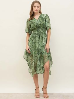 Styli - Women Green Abstract V-Neck A-Line Midi Dress