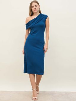 Styli - Women Blue Solid One Shoulder Sheath Midi Dress