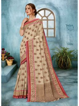 Sangam Prints - Dark Beige Woven Work Traditional Saree with Unstitched Blouse