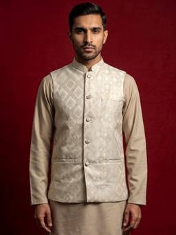 Jompers - Cream Men Jacquard Woven Design Nehru Jacket