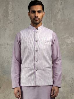 Jompers - Lavender Men Jacquard Woven Design Nehru Jacket