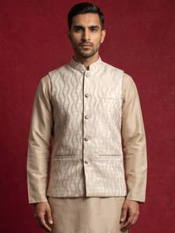 Jompers - White Men Jacquard Woven Design Nehru Jacket