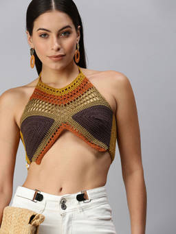Magic Needles - Cotton Halter Neck Bralette Crop Top - Multi Color