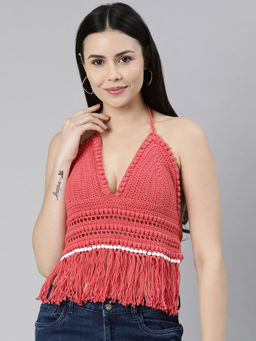 Magic Needles - Cotton Bralette Tie Back Top - Coral