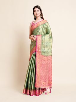 Mimosa - Women Traditional Narayani Kanjivaram Art Silk Green Saree with Unstitched Blouse