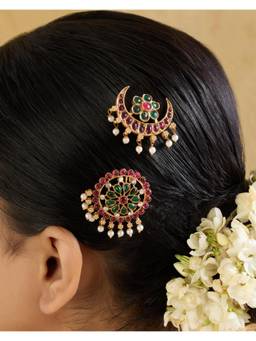 Indinoor - Multi-Colour Temple Multi Gold Polish Hair Brooch