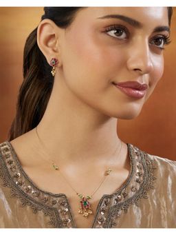 Indinoor - Pink Floral Temple Gold Jewellery Set