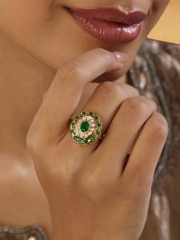 Indinoor - Green Jadau Gold Stone Ring