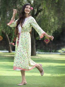 Juniper - Lime Green Floral Printed Cotton Lacy Jacket Style Kurta with Thread Work & Dori At Waist