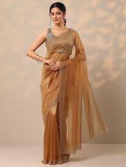 Libas - Embellished Brown Nylon Saree with Unstitched Blouse