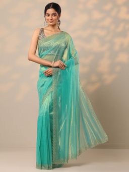 Libas - Embellished Blue Nylon Saree with Unstitched Blouse