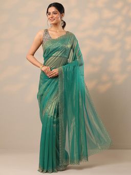 Libas - Embellished Green Nylon Saree with Unstitched Blouse