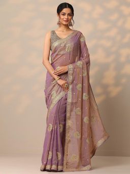 Libas - Embroidered Organza Lavender Saree with Unstitched Blouse