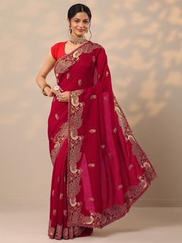 Libas - Embroidered Silk Blend Red Saree with Unstitched Blouse