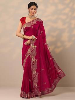 Libas - Embroidered Silk Blend Dark Pink Saree with Unstitched Blouse