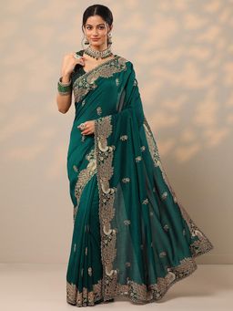 Libas - Embroidered Silk Blend Teal Saree with Unstitched Blouse