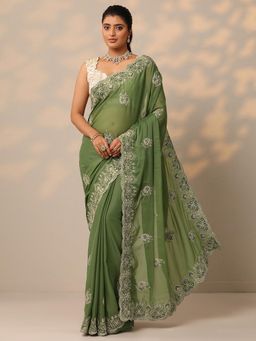 Libas - Embroidered Silk Blend Green Saree with Unstitched Blouse