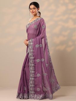 Libas - Embroidered Silk Blend Mauve Saree with Unstitched Blouse