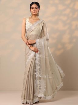 Libas - Embellished Organza Beige Saree with Unstitched Blouse