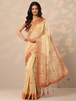 Libas - Woven Design Silk Blend Cream Saree with Unstitched Blouse