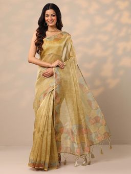 Libas - Embellished Nylon Gold Saree with Unstitched Blouse