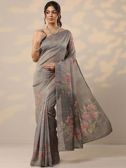 Libas - Printed Silk Blend Floral Print Zari Grey Saree with Unstitched Blouse