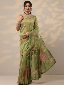 Libas - Printed Silk Blend Floral Print Zari Green Saree with Unstitched Blouse