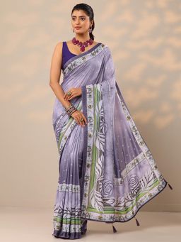 Libas - Printed Silk Blend Purple Saree with Unstitched Blouse