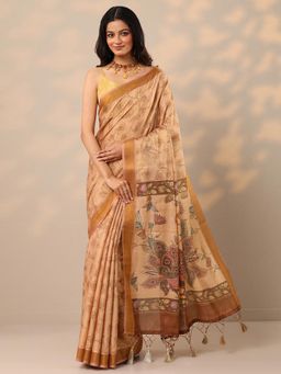 Libas - Printed Silk Blend Beige Floral Print Saree with Unstitched Blouse