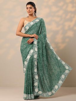 Libas - Printed Georgette Turquoise Saree with Unstitched Blouse