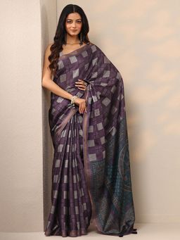 Libas - Printed Cotton Blend Checks Wine Saree with Unstitched Blouse