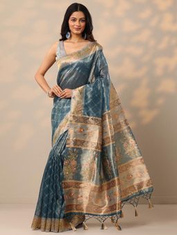 Libas - Floral Nylon Blue Saree with Unstitched Blouse