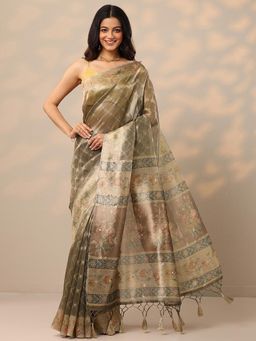 Libas - Floral Nylon Beige Saree with Unstitched Blouse