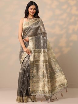 Libas - Floral Nylon Grey Saree with Unstitched Blouse