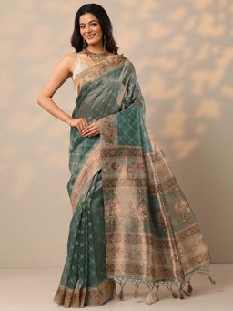 Libas - Floral Nylon Green Saree with Unstitched Blouse
