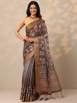 Libas - Printed Silk Blend Brown Saree with Unstitched Blouse