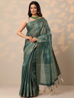 Libas - Printed Silk Blend Turquoise Saree with Unstitched Blouse