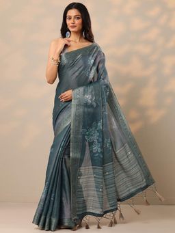 Libas - Printed Silk Blend Blue Saree with Unstitched Blouse
