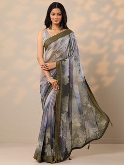 Libas - Printed Georgette Floral Green Saree with Unstitched Blouse