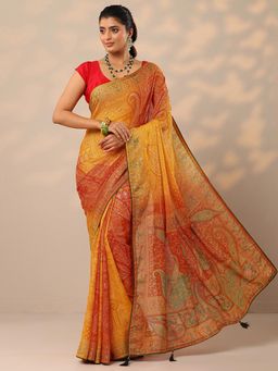 Libas - Orange Paisley Georgette Saree with Unstitched Blouse